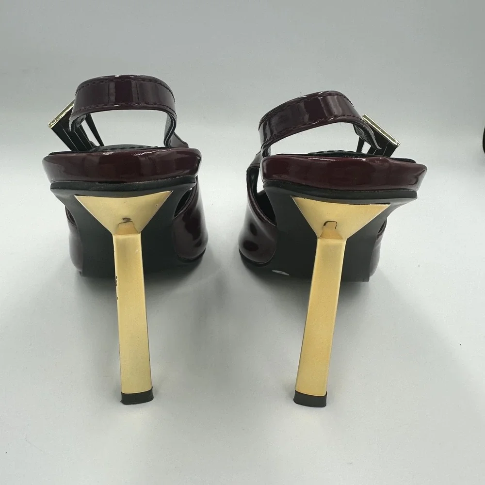 Burgundy Patent Pointed Toe Slingback Pumps 4in Gold Architectural Heel EU36 US6